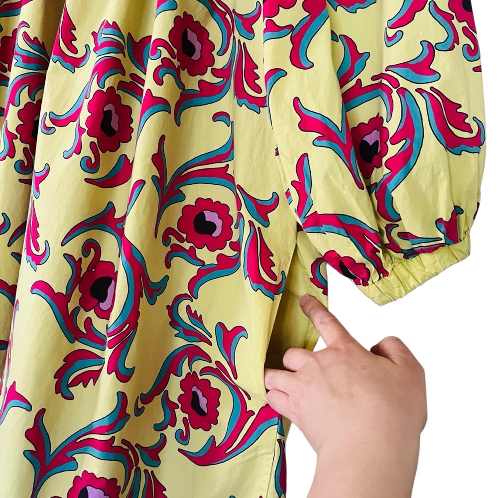 La DoubleJ Paloma short cotton trapeze dress in Cartwheel Giallo geometric print - Picture 8 of 11